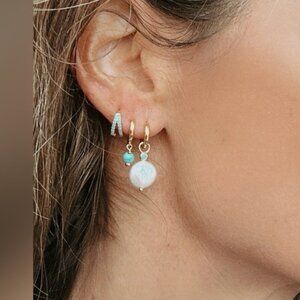 Dainty Pearl + Turquoise Huggies Gold Beautiful Pearl Earrings w/tiny turquoise